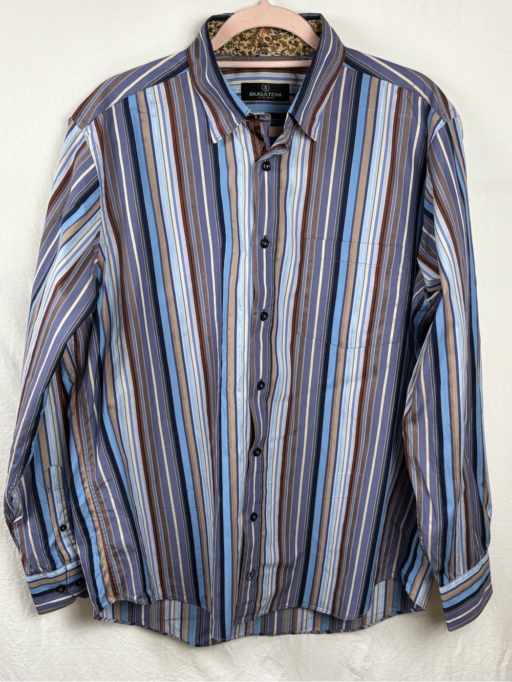 Bugatchi men’s Large Striped Button-Down Shirt in Blue and Brown Tones